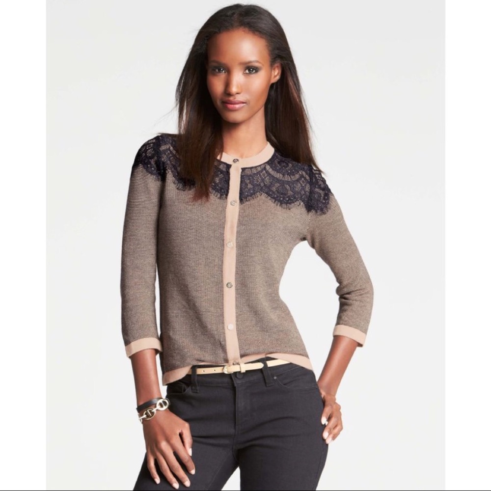 Ann Taylor • black lace striped cardigan